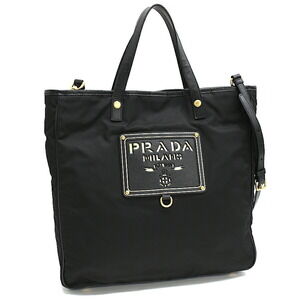 Prada Tote Bag Black Nylon Perfo Logo Plate